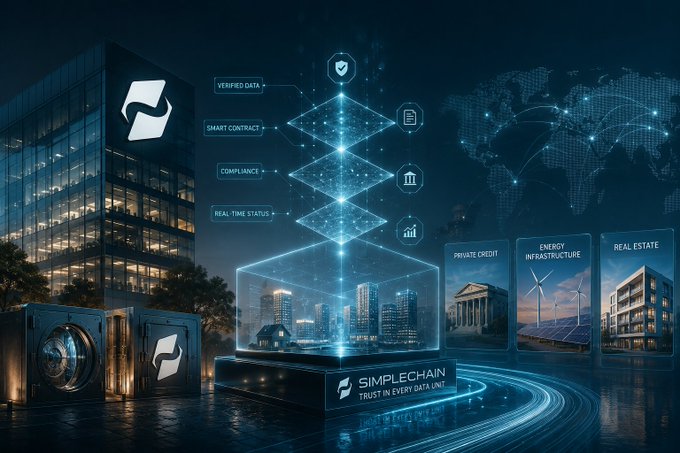A digital artwork featuring a building, blockchain graphics, and panels labeled 'PRIVATE CREDIT', 'ENERGY INFRASTRUCTURE', and 'REAL ESTATE', with the logo 'SIMPLECHAIN TRUST IN EVERY DATA UNIT'.