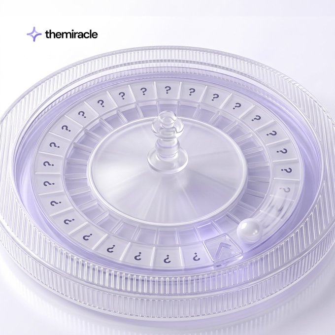 A clear purple-lavender circular organizer tray with question marks on the compartments, branded 'themiracle', featuring a pearl-like bead on top.