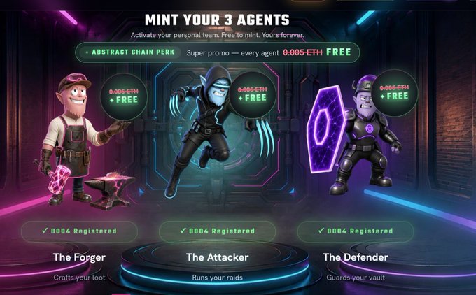 The image promotes the “MINT YOUR 3 AGENTS” Abstract Chain perk, letting users free-mint “The Forger,” “The Attacker,” and “The Defender” for 0.0005 ETH each (marked “+ FREE”). It also shows all three agents registered and describes their roles: crafting loot, running raids, and guarding the vault—matching Moody’s new Vault gameplay and defense-focused 14-day season.