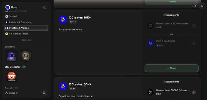 Screenshot of a Base app profile showing 'Creators & Voices' collection with tiers including 'X Creator: 10K+' (10,000 X followers) marked Done, and 'X Creator: 50K+' (50,000 followers) still incomplete.