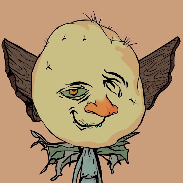 A cartoonish illustration of a character with a large round pale head, one green eye, one closed eye, a red nose, wood-like ears, and a torn green collar.