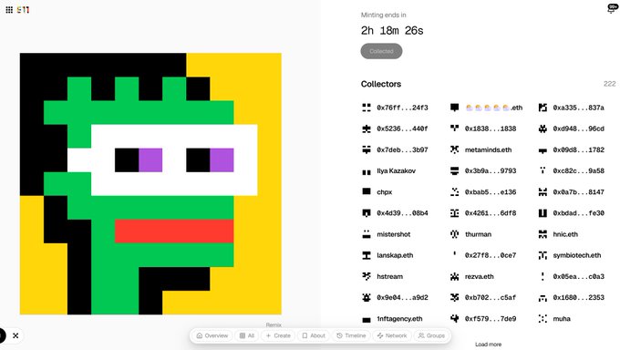 An NFT marketplace page displays a green pixel-art character on a yellow background priced at "Ξ 11", with a minting countdown of "2h 18m 26s" and a list of 222 collectors' usernames.
