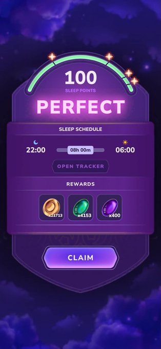 A mobile game sleep tracking screen displays '100 SLEEP POINTS PERFECT' with a sleep schedule from 22:00 to 06:00 (08h 00m duration), showing rewards of x2,743, x4,153, and x400, with a 'CLAIM' button.