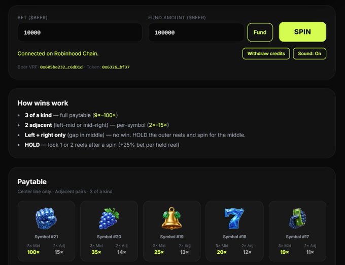 A slot machine interface for '$BEER' shows a bet of 10000, a fund amount of 100000, and a 'SPIN' button, displaying the paytable with symbols like grapes and bells.