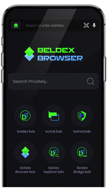 A smartphone screen displays the Beldex Browser app interface with various ".bdx" domain shortcuts including beldex.bdx, bchat.bdx, and belnet.bdx.