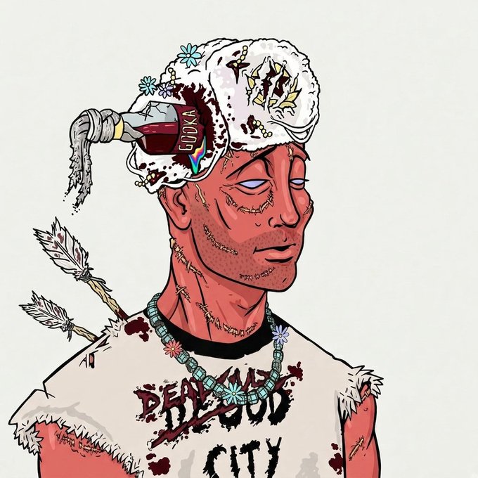 A stylized illustration of a red-skinned man with a wounded head wrapped in bandages, with a broken bottle of 'VODKA' embedded in his skull, arrows in his back, and wearing a torn shirt reading 'DEA...D CITY' along with a beaded necklace.