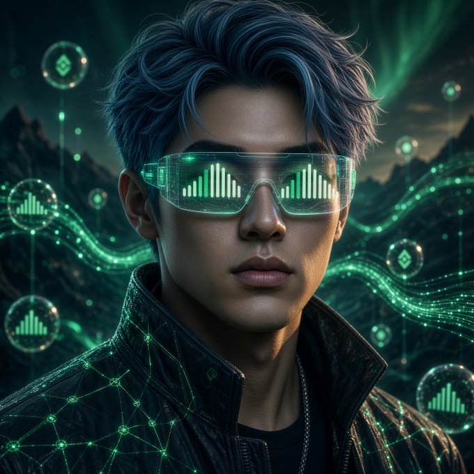 A digital illustration of a young man with blue hair wearing futuristic green glowing glasses displaying audio equalizer patterns, set against a dark mountainous background with green aurora effects and floating digital network nodes.