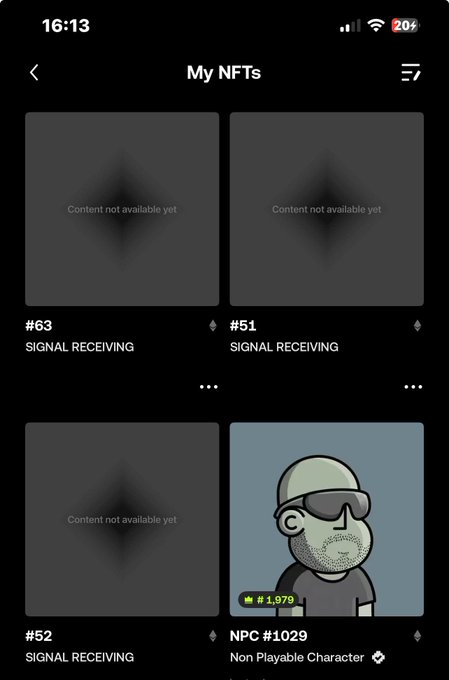 A mobile app screen titled "My NFTs" displays four digital collectibles: three with placeholder text "Content not available yet" (labeled #63, #51, and #52, all marked "SIGNAL RECEIVING") and one playable character named "NPC #1029".