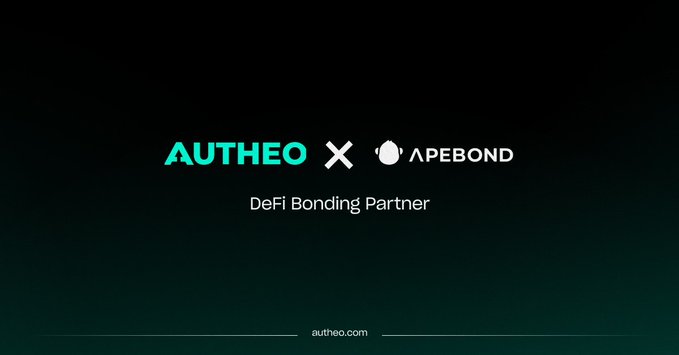 A sleek black promotional graphic announcing the partnership between **Autheo** and **ApeBond**, labeled as a "DeFi Bonding Partner," with "autheo.com" displayed at the bottom. The image visually reinforces the post's announcement of ApeBond's battle-tested bonding infrastructure joining the Autheo ecosystem, highlighting their shared ticker gTHEO.