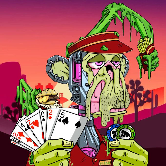 A cartoon zombie-like character with green slime, a red visor, and mechanical headgear holds a fan of playing cards and a hamburger in a desert landscape at sunset.