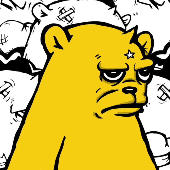 A grumpy yellow bear with a star tattoo near its eye stands against a backdrop of defeated white bears, symbolizing the dominance of the $XRP NFTs collection over the competition.
