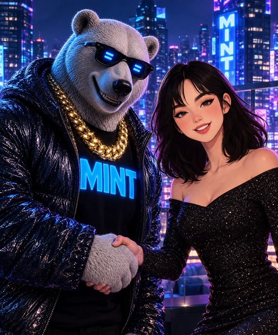 An anime-style illustration featuring a smiling polar bear wearing sunglasses, a gold chain, and a 'MINT' shirt posing with a dark-haired woman in a sparkly black dress against a neon city backdrop with 'MINT' signage.