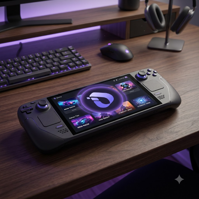 A handheld gaming console with a glowing screen displaying various game titles, resting on a wooden desk next to a backlit mechanical keyboard and a gaming mouse.