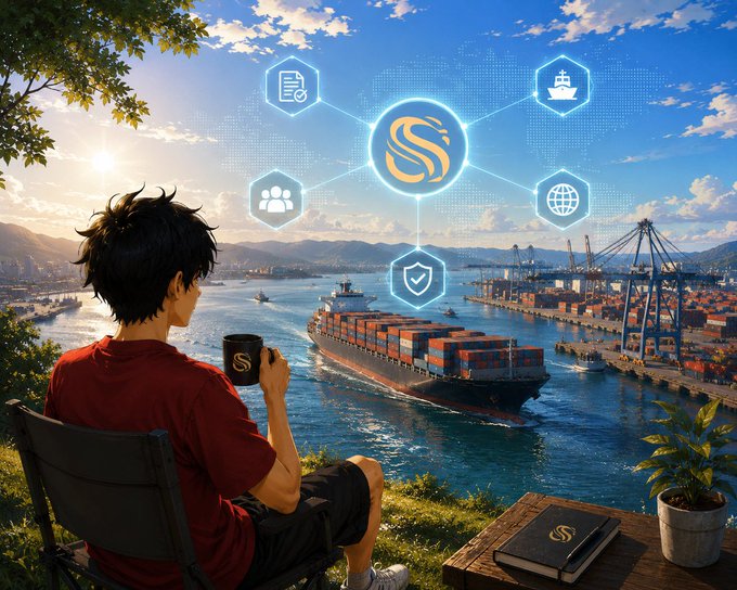 An anime-style illustration shows a young man in a red shirt holding a coffee mug while overlooking a busy container port, with a glowing network diagram of interconnected icons floating in the sky above.