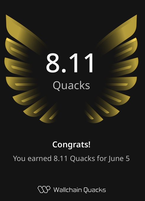 The image features an advertisement for Quacks, a company that sells gold coins. The main focus of the image is a gold coin with a bird's wing design, which has the number 8.11 displayed on it. Below this, there is text that congratulates the user and states they have earned 8.11 Quacks for June 5th.