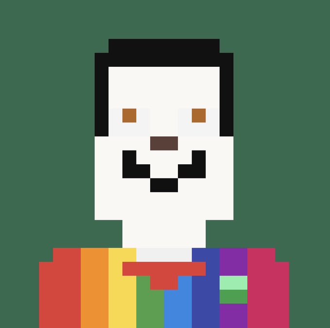 A pixel art portrait of a bearded figure wearing a rainbow-striped shirt and red bowtie against a green background, characteristic of NFT profile art.