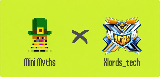 A collaboration graphic between 'Mini Myths' (depicted as a pixelated leprechaun) and 'Xlords_tech' on a yellow-green background.