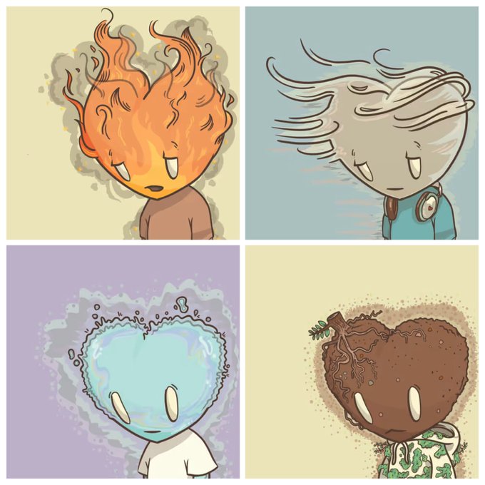 A four-panel illustration depicts cartoon characters with elemental heads: fire, wind, water, and earth/dirt.