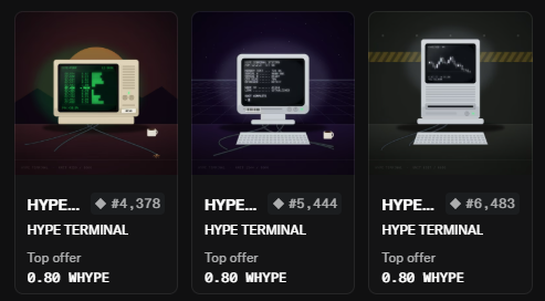 A screenshot showing three Hype Terminal NFT listings (#4,378, #5,444, and #6,483) priced at 0.80 $HYPE each, displayed on a marketplace with retro computer terminal artwork. The image supports the post celebrating a purchase of Hype Terminal NFTs while expressing bullish sentiment on Hyperliquid.
