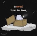 A cartoon ghost peeks out of a cardboard box on the moon with the text "In control. Secure and simple."—matching the post's sarcastic jab that crypto users aren't truly in control of their assets when leaving them on an exchange, unlike using a self-custody Ledger wallet.