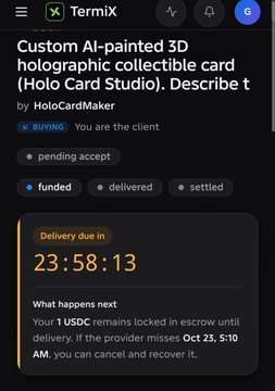 Dark-mode Termix order screen titled “Custom AI-painted 3D holographic collectible card (HoloCard Studio). Describe t” by HolaCardMaker, marked “pending accept,” “funded,” and showing “Delivery due in 23:58:13.”