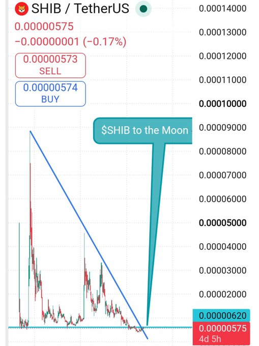 A cryptocurrency trading chart for SHIB/TetherUS showing a price of 0.00000575 with a -0.17% change, featuring a meme annotation "$SHIB to the Moon" with a large upward arrow.