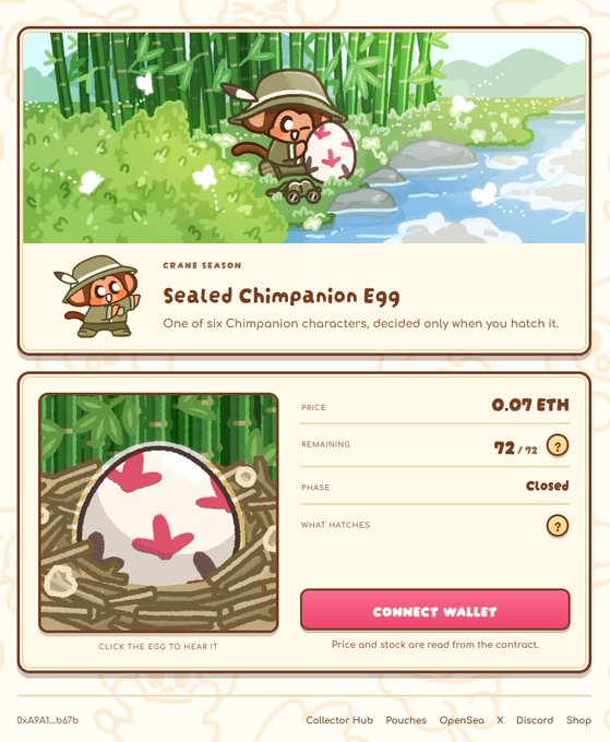 A webpage showing a 'Sealed Chimpanion Egg' NFT minting page with a price of 0.07 ETH, 72/72 remaining, and a closed phase, featuring a chimpanzee in safari gear holding the egg.