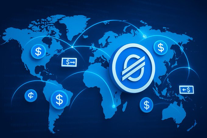 A digital graphic featuring a world map overlaid with interconnected network lines and dollar sign ($) symbols circling a central emblem, illustrating the global, instant nature of digital payments. The image visually represents the seamless, worldwide transfer of value enabled by Stellar's x402 standard for AI-native crypto payments.