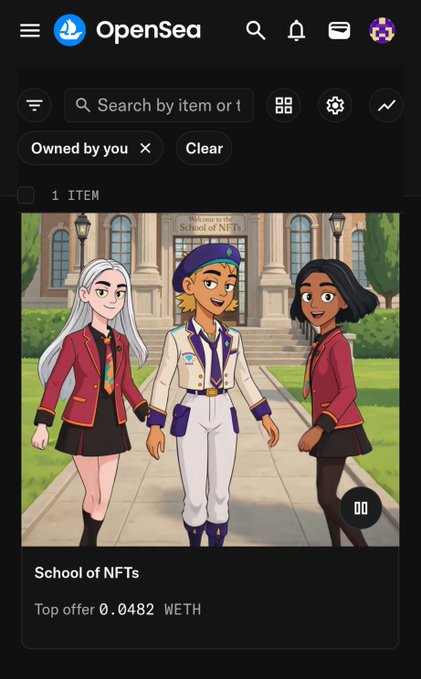 The OpenSea mobile app displays a "School of NFTs" collection item filtered by "Owned by you," showing an animated illustration of three students in school uniforms with a top offer of 0.0482 WETH. The image directly relates to the post's announcement of minting from the "School of NFTs" project.