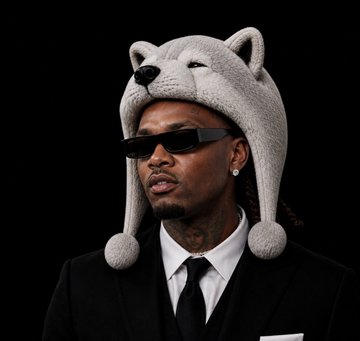 Gunna poses in a dark suit and narrow sunglasses while wearing a fuzzy gray wolf hat with dangling ear flaps, a look that visually echoes his lyric "I'm a wolf and you a coyote" and the rumored $WOLF meme referenced in the post.