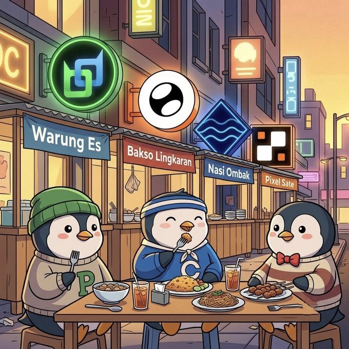 A cartoon illustration of three penguins dining at an outdoor table with Indonesian food stalls behind them, featuring signs reading 'Warung Es', 'Bakso Lingkaran', 'Nasi Ombak', and 'Pixel Sate' beneath glowing cryptocurrency logos.