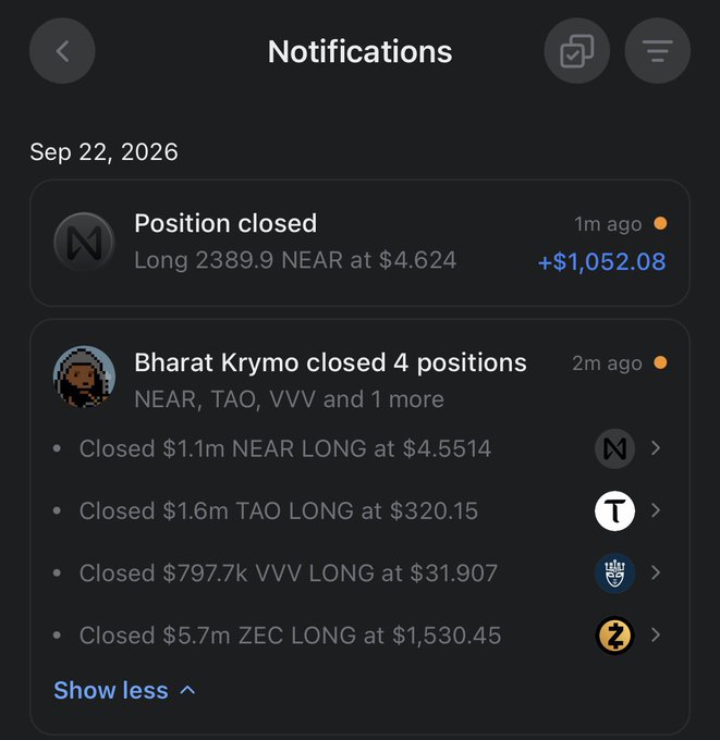 A dark-mode mobile app notification screen dated Sep 22, 2026, showing a 'Position closed' alert for a Long 2389.9 NEAR position at $4.624 with a profit of +$1,052.08, and a notification that he closed 4 positions including NEAR, TAO, VVV, and ZEC long positions.