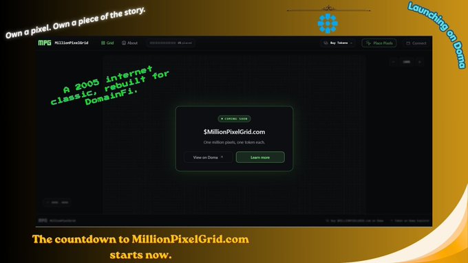 A promotional graphic for MillionPixelGrid.com featuring retro terminal-style green text reading 'A 2005 internet classic, rebuilt for DomainFi' with 'Launching on Base' and 'The countdown to MillionPixelGrid.com starts now.'