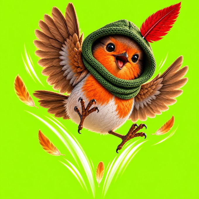 A small bird, presumably representing "Robin Hood," joyfully leaps upward against a vibrant green background while wearing a green knit hood adorned with a red feather, embodying the playful spirit of a stock taking flight. The image cleverly visualizes the post's message of upward momentum for $ROBINHOOD.