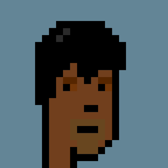 A pixel art portrait of a person with dark skin and short black hair against a light blue background.