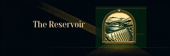An elegant, dark banner features the gold text "The Reservoir" beside a framed illustration of a serene dam landscape.
