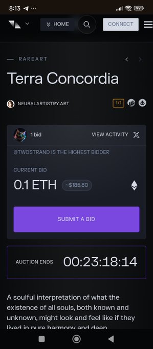 A screenshot of the Rarеart NFT auction platform showing 'Terra Concordia' by NEURALARTISTRY.ART with a current bid of 0.1 ETH (~$185.80) from @TWOSTRAND and 23 hours remaining.