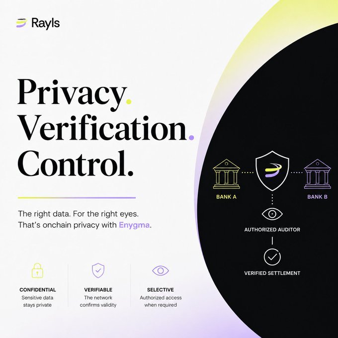 A Rayls promotional graphic titled 'Privacy. Verification. Control.' promoting their 'Enygma' onchain privacy solution, with icons highlighting features like 'CONFIDENTIAL', 'VERIFIABLE', and 'SELECTIVE' alongside a bank settlement diagram.