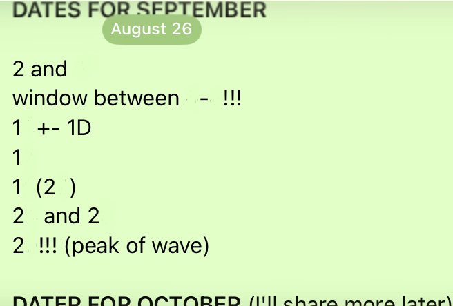 The image displays a handwritten-style note titled "DATES FOR SEPTEMBER" dated August 26, listing various timeframe scenarios (1H, +-1D, 2H) with notations about "window between," "(peak of wave)," and partial forecasts for October, aligning with the post's prediction of a pivot day following a local top on the 31st and key BTC price levels approaching.