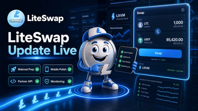 A promotional graphic announces 'LiteSwap Update Live' with a Litecoin mascot character, checkmarked features (Mainnet Prep, Mobile Polish, Partner API, Monitoring), and a swap interface showing 1,000 LTC to 85,420 USDT.