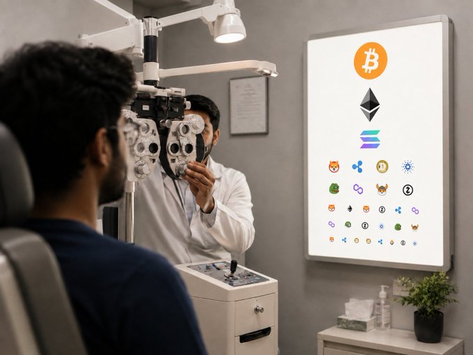 An ophthalmologist checks a patient's vision using a chart displaying cryptocurrency logos like Bitcoin and Ethereum, fitting the post's question about "crypto vision." The chart is designed like an eye exam chart with various crypto symbols arranged in decreasing size.