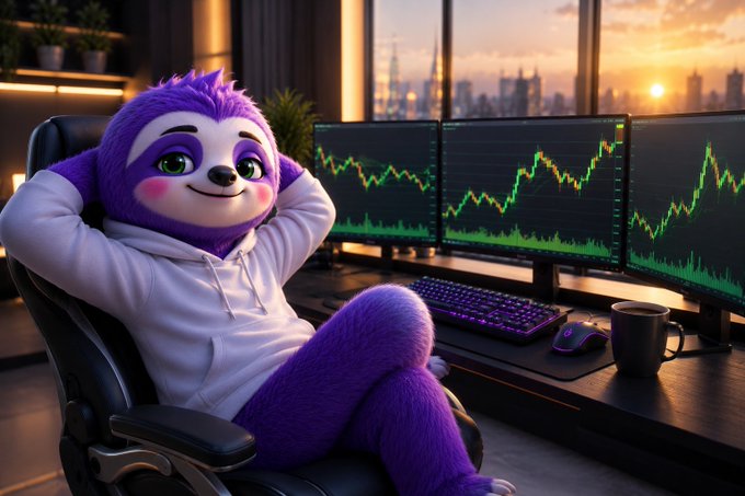 An AI-generated image of a relaxed purple sloth character wearing a white hoodie, sitting in a gaming chair in front of multiple monitors displaying green and red trading charts.