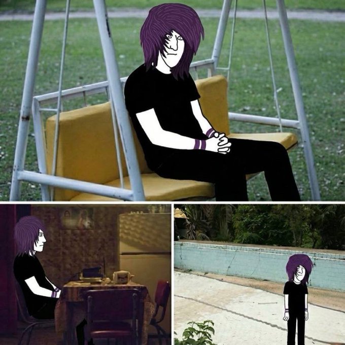 A collage of three images showing an anime-style character with purple hair, black shirt, and striped wristbands in various melancholic settings including a swing, a kitchen, and by a pool.