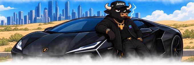 An anime-style illustration of a bull character wearing a black hoodie and gold chains, with 'ANSEM' on its hat, sitting on a black Lamborghini against a desert and cityscape background.