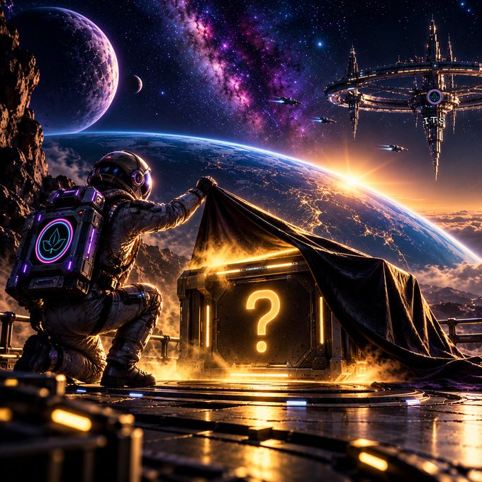 An astronaut kneeling on an alien planet surface, pulling a black cloth off a glowing orange crate marked with a '?' symbol, with a futuristic space station, spaceships, and a large planet visible in the starry sky behind them.