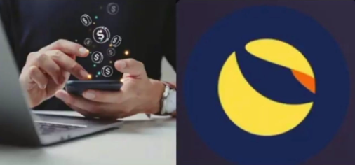 A split image showing hands holding a smartphone with dollar sign icons floating above on the left, and the orange and blue LEX (or similar crypto) logo on the right.