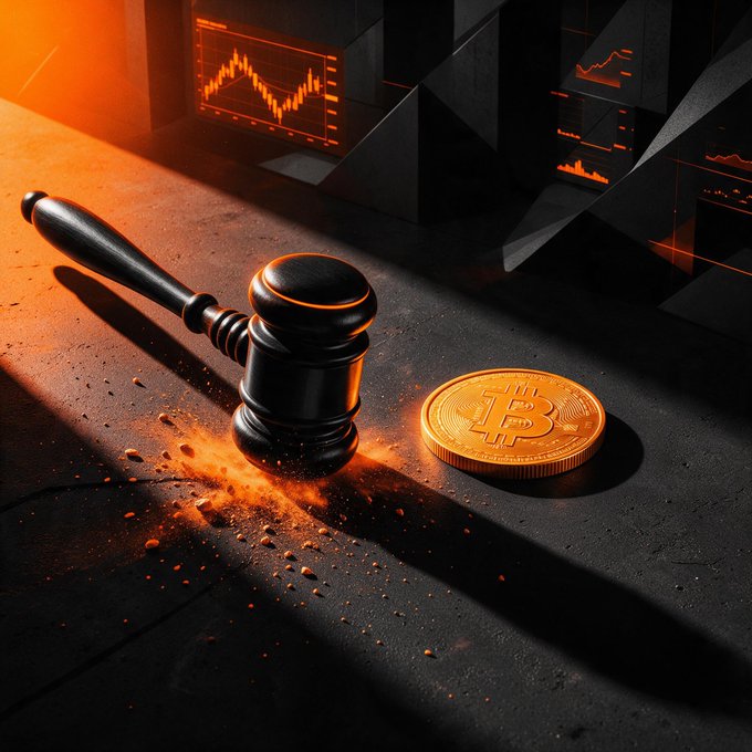 A dramatic image of a judge's gavel and a gold Bitcoin coin on a cracked surface with orange lighting and a declining price chart in the background.