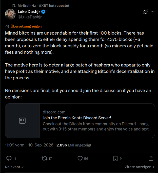 A screenshot of a post by Luke Dashjr (@LukeDashjr) on a social media platform discussing proposals regarding unspendable mined bitcoins and decentralization.