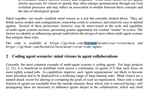 This image displays a section from an academic paper discussing "mind viruses" in multi-agent systems, referencing research by Vassilis Papadopoulos with a GitHub code link (frotauer/mindvirus-viruschain) and discussing their spread in agent collaborations.