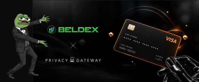 A promotional banner featuring a Pepe character in a suit alongside the 'BELDEX' logo, the text 'PRIVACY GATEWAY', and a black Visa credit card.